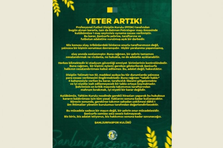 Şanlıurfaspor’dan PFDK Kararına Sert Tepki: Yeter Artık!
