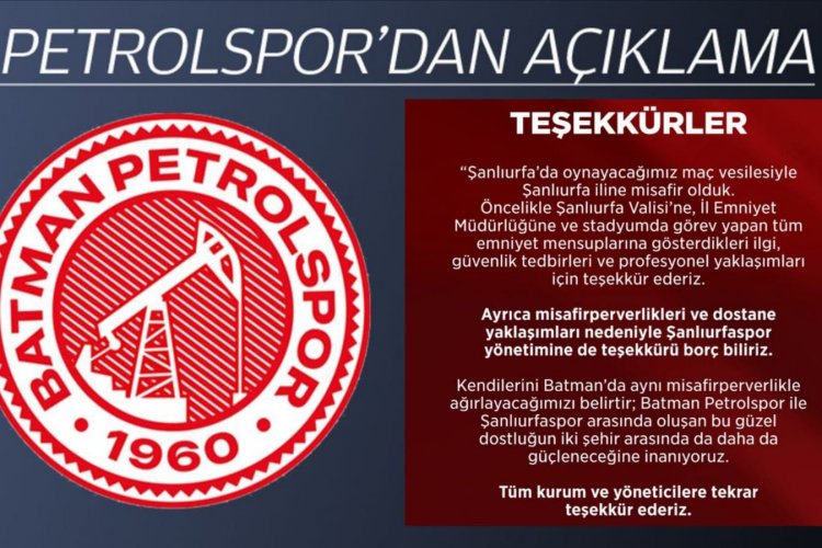 BATMAN PETROLSPOR’DAN ŞANLIURFA’YA TEŞEKKÜR